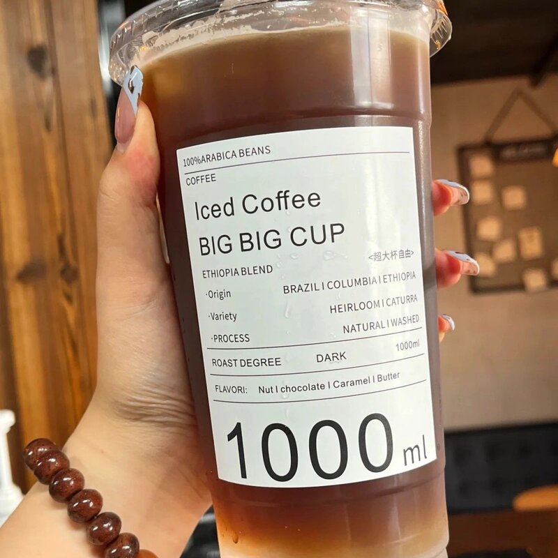 一升大容量带盖高透PET外卖打包杯一千毫升美式果茶一次性咖啡杯图片