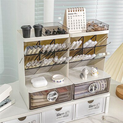 斜插式笔筒收纳盒办公室书桌面文具置物架透明抽屉分格整理收纳盒