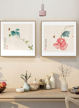 新中式饭厅装饰画客厅原木风花鸟挂画日式酒店民宿墙画茶室壁画框