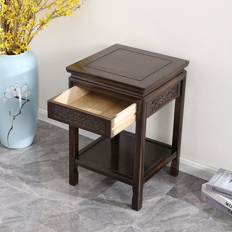 全实木花架中式鱼缸架客厅榆木奇石架木质带抽屉盆景架多层置物架