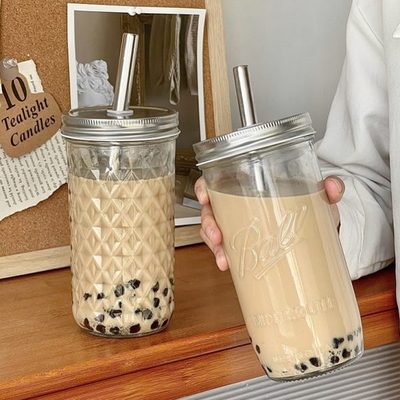 德国进口大容量加粗吸管玻璃杯杯咖啡杯杯珍珠奶茶子梅森杯ins风