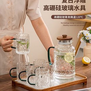 喝水套装 耐高温冷水壶家用凉水壶大容量复古中式 玻璃杯子泡茶水杯