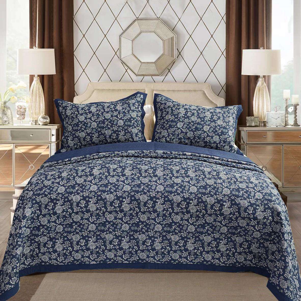 米莱娅绗缝床盖三件套印花棉布宽边设计青花瓷复古图案水洗被