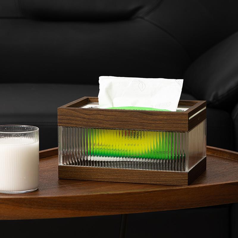 新款纸巾盒胡桃木纹亚克力拼接轻奢抽纸盒客厅茶几餐厅纸巾盒logo