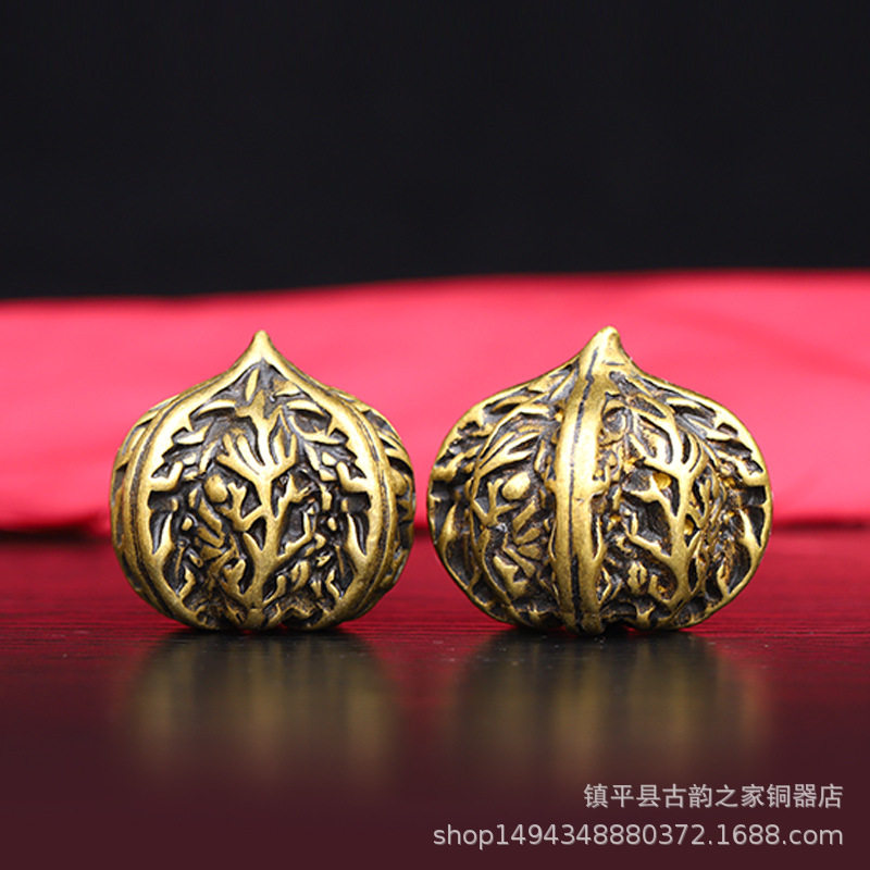 铜核桃摆件手把玩件 实心铜核桃摆设 纯铜工艺品一对家居客厅装饰