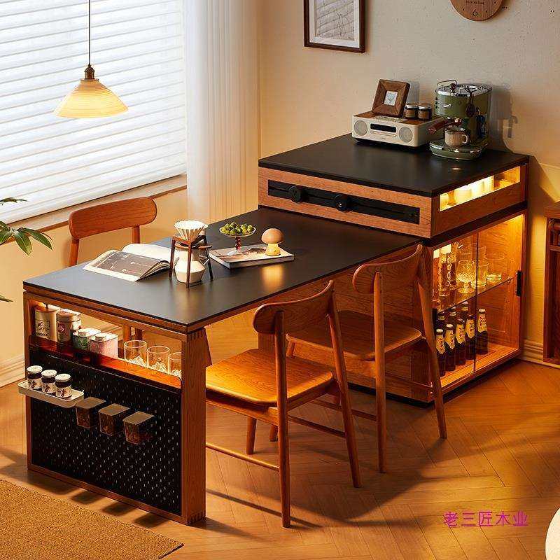 北美胡桃木岛台餐桌一体多功能家用小户型实木可伸缩吧台岩板餐桌