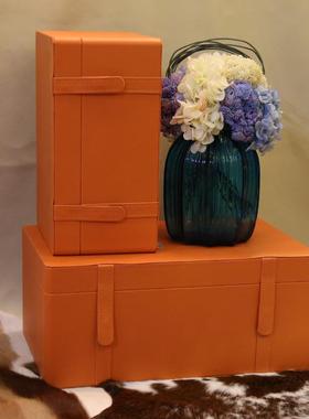 北欧风样板房皮质装饰盒软装衣帽间橙色收纳盒橱窗摆饰摄影道具