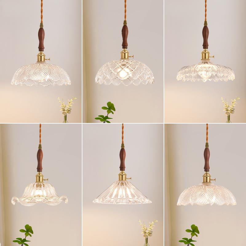 餐厅吊灯法式单头餐桌灯复古实木民宿吧台灯具花朵玻璃三头吊灯