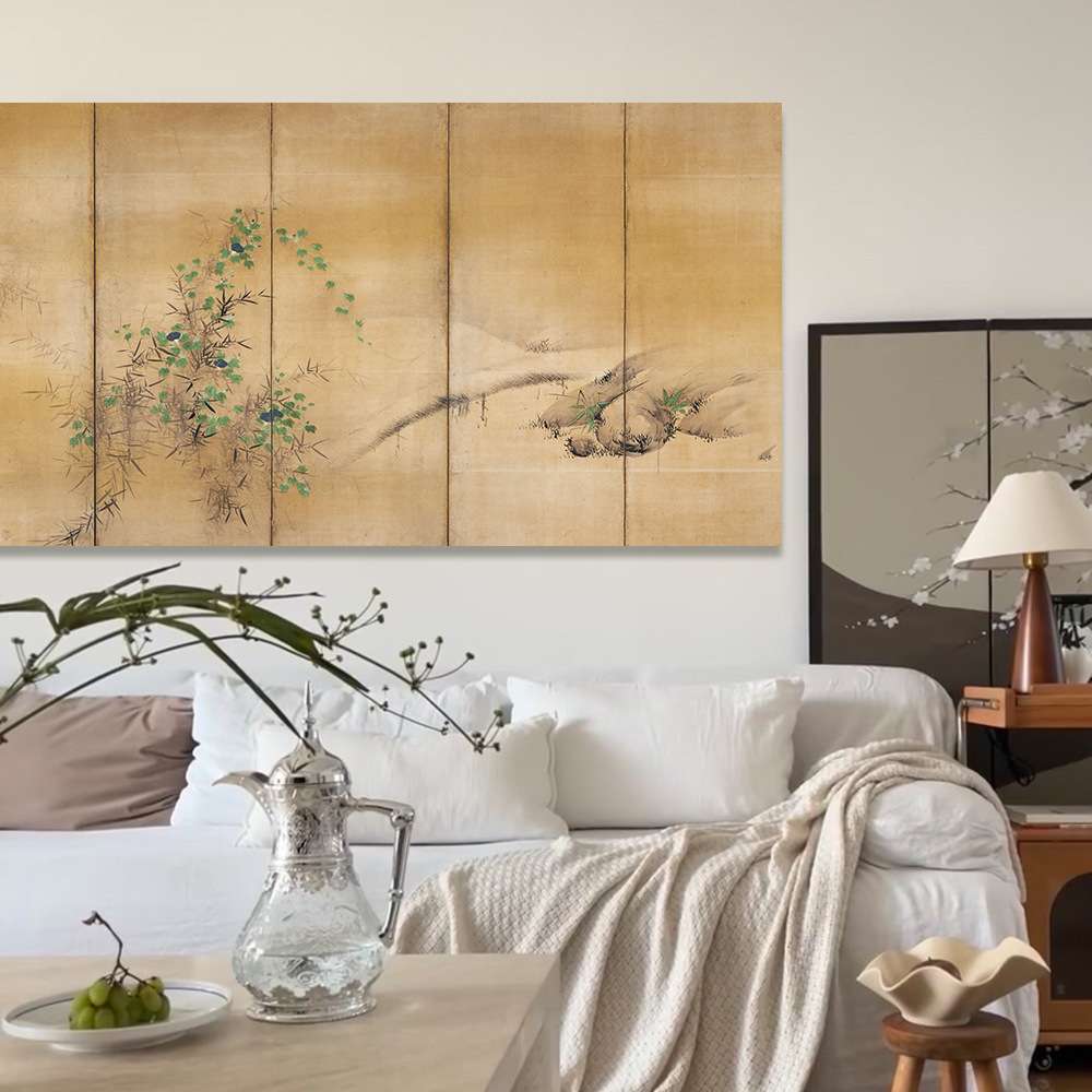 冬夏之花屏风图新中式日式横版装饰画简约诧寂风客厅餐厅无框挂画