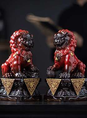 中式陶瓷石狮子摆件一对北京宫门中国风家居客厅办公室聚财工艺品