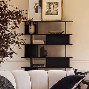 实木红橡木书架落地置物架黑色实木简约书房书桌一体靠墙客厅书柜