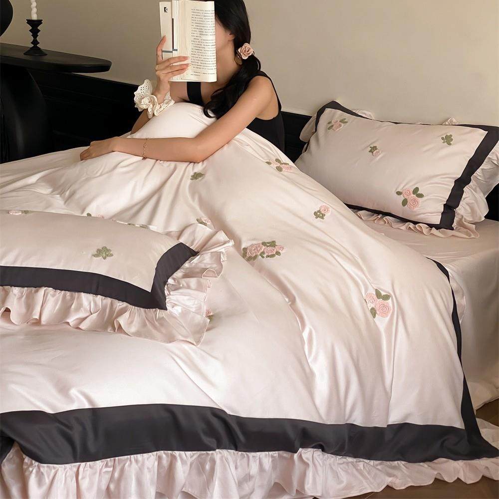 荷叶花边100s纯棉陶瓷磨毛四件套毛巾绣加厚被套床上用品