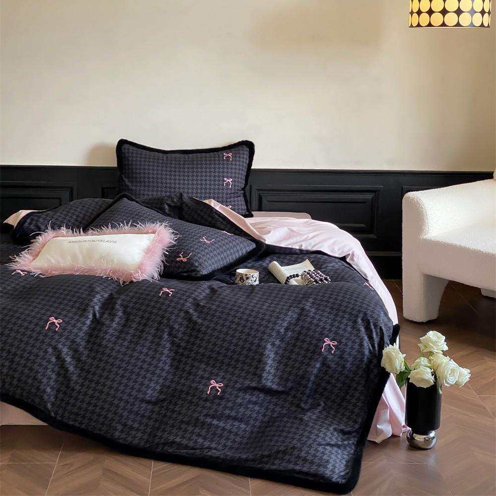 少女心蝴蝶结澳棉磨毛四件套千鸟格印花被套秋冬加厚床品