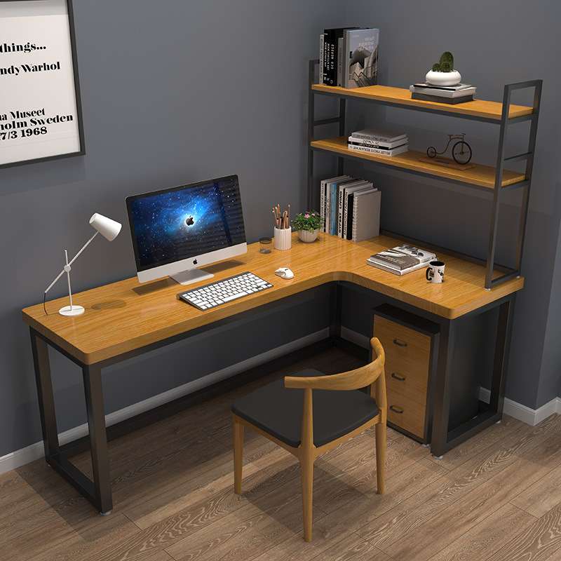 实木家用工作室创意L型转角书架书桌组合简约拐角书桌电脑办公桌