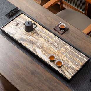 天然整块木化石茶盘家用大号石盘茶海排水木纹石茶托办公石头茶台