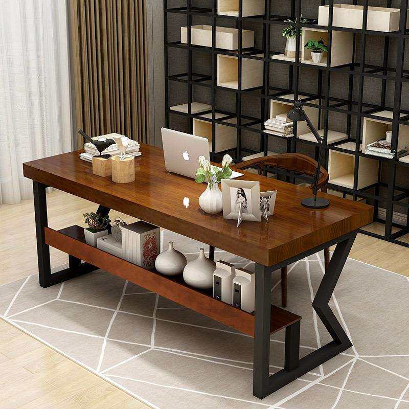 铁艺实木书桌美式复古办公桌电脑桌椅组合简约工作台家用写字台