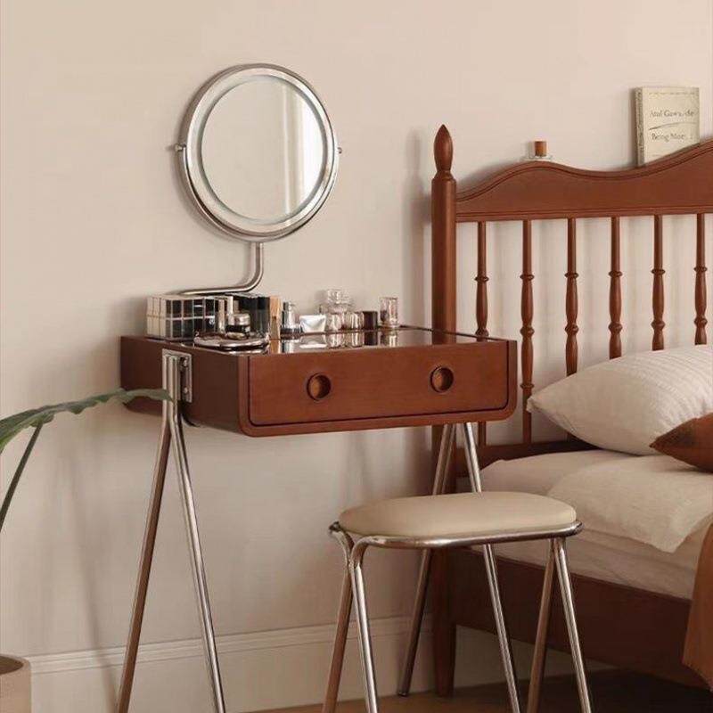 北欧实木梳妆台中古原木卧室化妆法式复古小户型储物化妆台日式