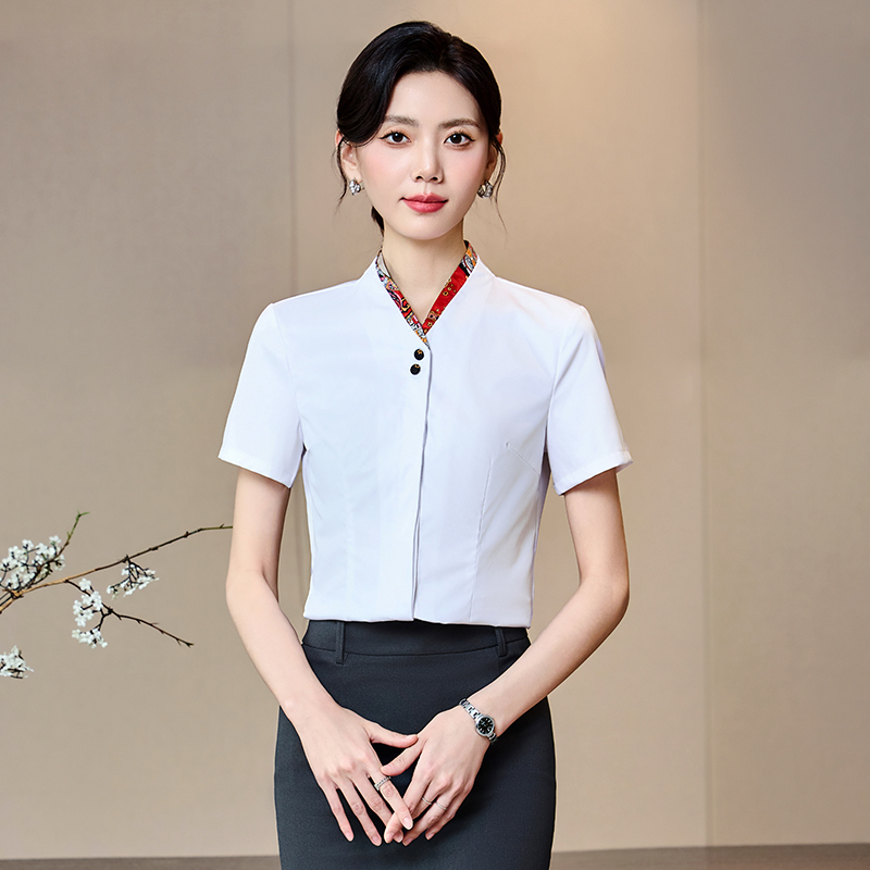 职业装白色V领短袖衬衫女春秋空姐空乘制服酒店餐饮服务员工作服