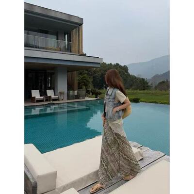 YANG春夏苎麻慵懒印花半身长裙