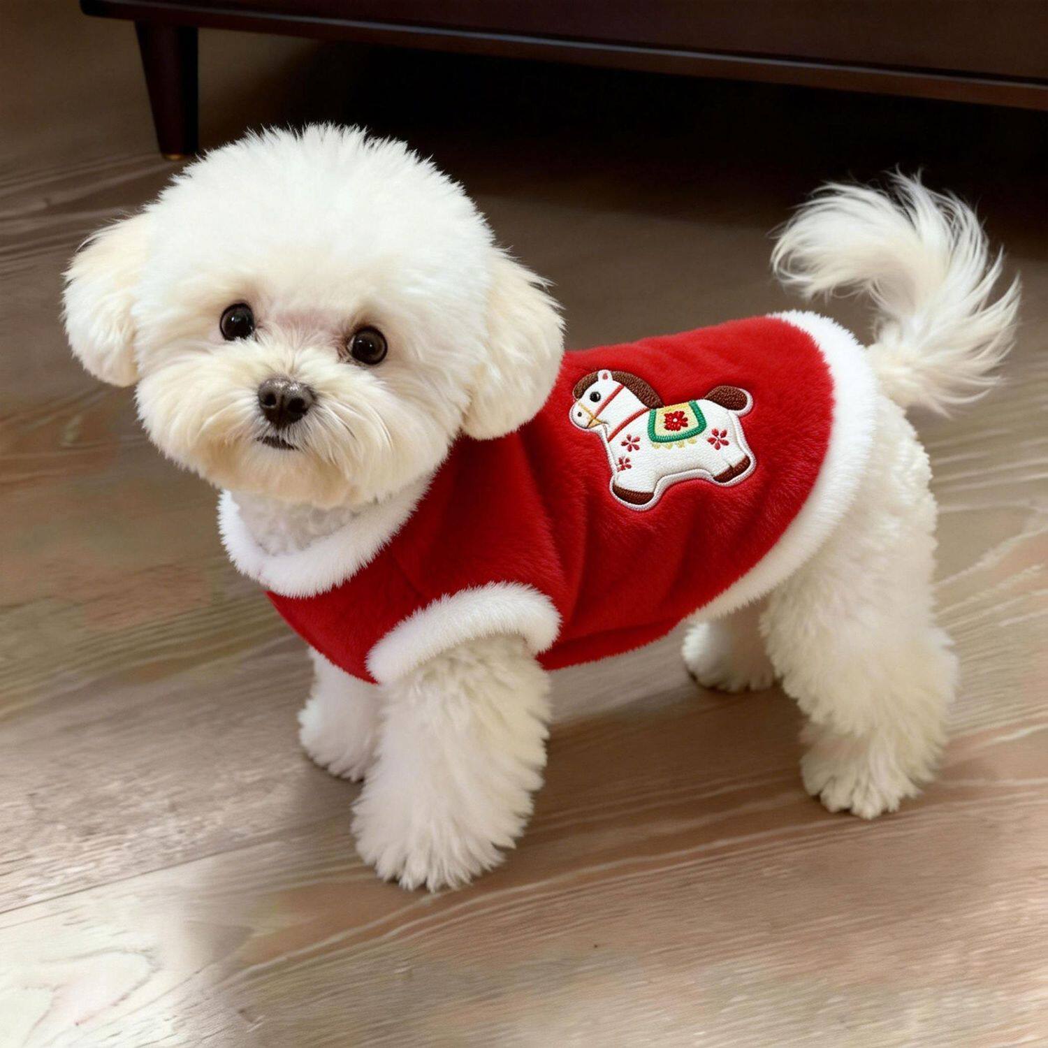 小型犬秋冬红色连帽上衣新年卡通小马狗狗比熊泰迪洋气外衣