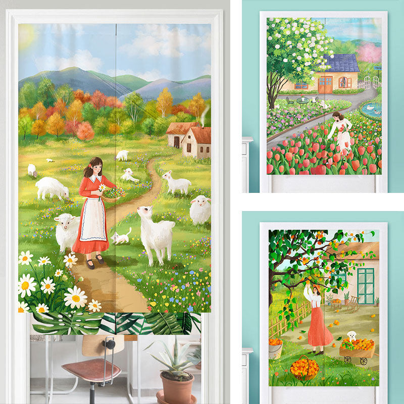 乡村田园门帘免打孔隔断帘插画家用卧室帘子厨房挂帘卫生间遮挡帘
