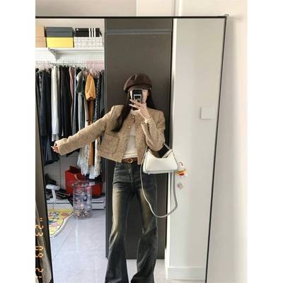 气小香风高级感毛呢新款长袖法KWP开衫外套女质装早春式复古短款