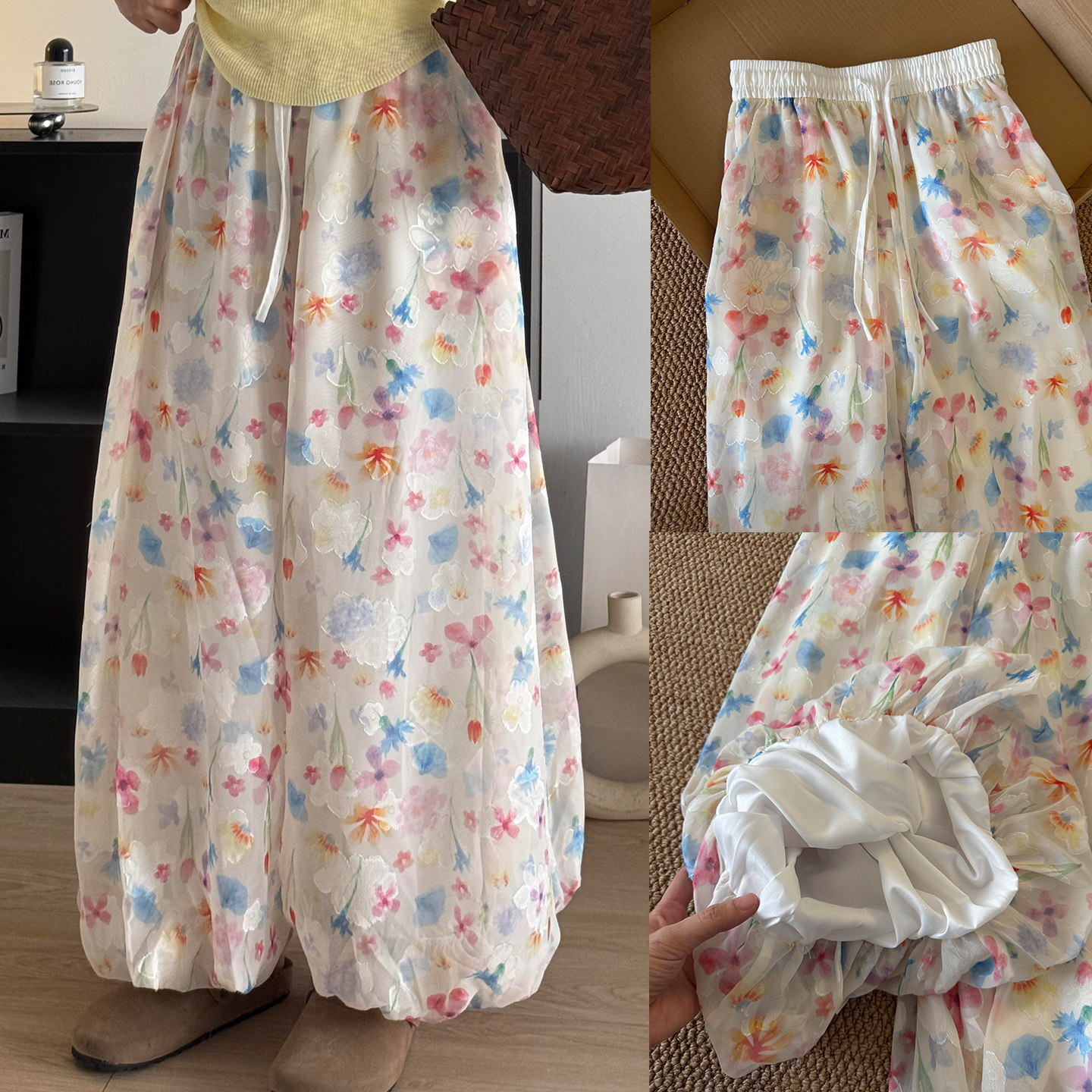 画报花苞裙裤女夏季2026新款小个子a字半身裙垂感高腰碎花阔腿裤