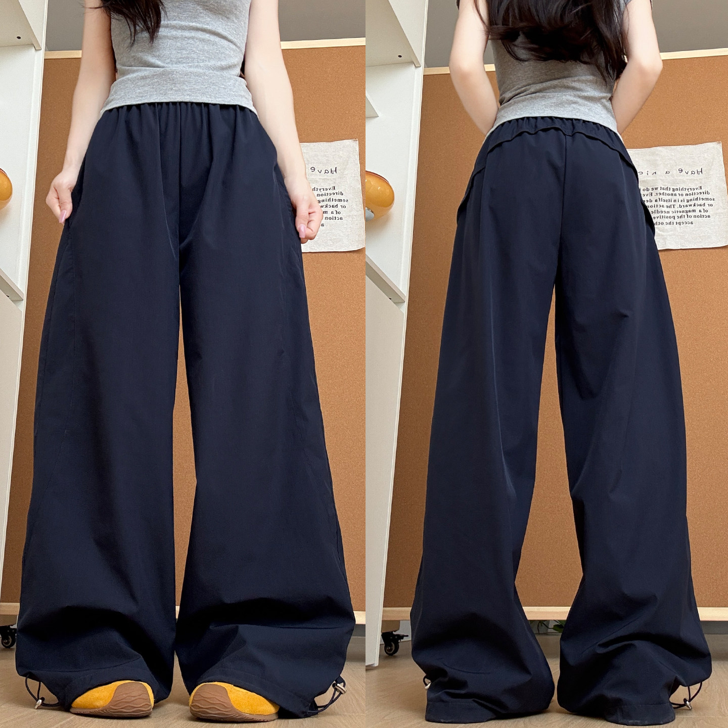 藏青色速干工装裤子女春季高腰显瘦直筒运动裤酷飒风小个子阔腿裤