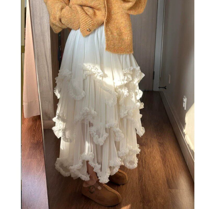 白色不规则蕾丝网纱裙女夏季2026新款慵懒风长裙宽松a字半身裙子