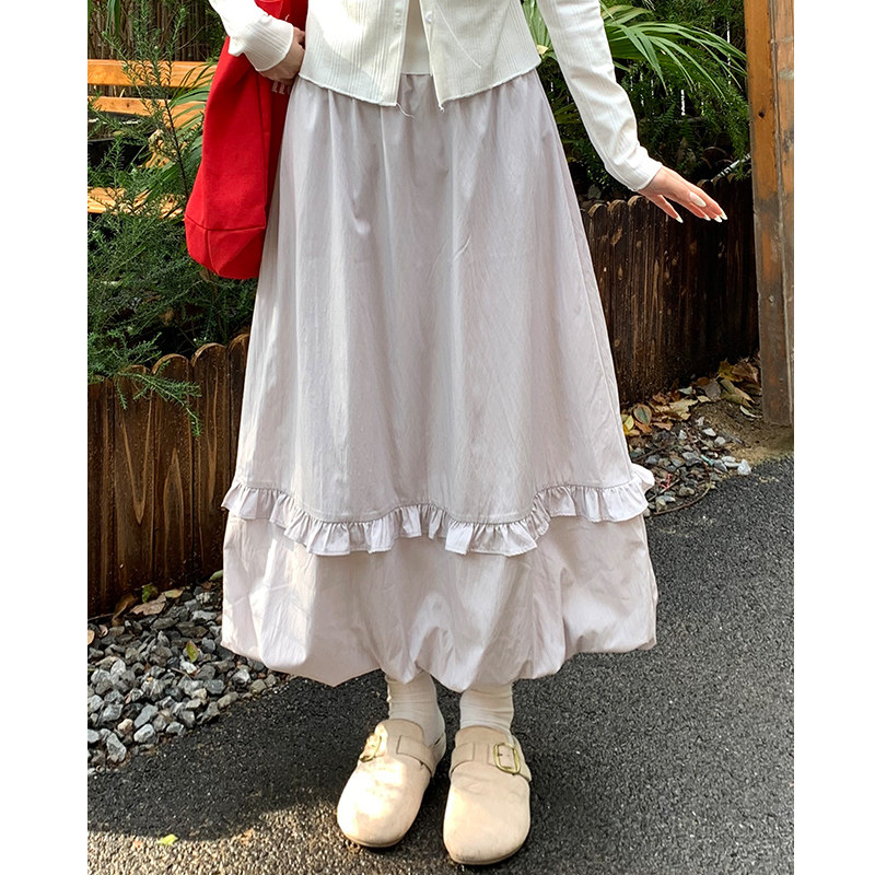 灰色木耳边花苞裙a字半身裙女2026新款春夏季中长款花边灯笼裙子