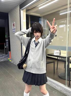 春秋J制K服外针织开衫毛衣女日系学CIS院风V领长灰色袖百外搭上衣