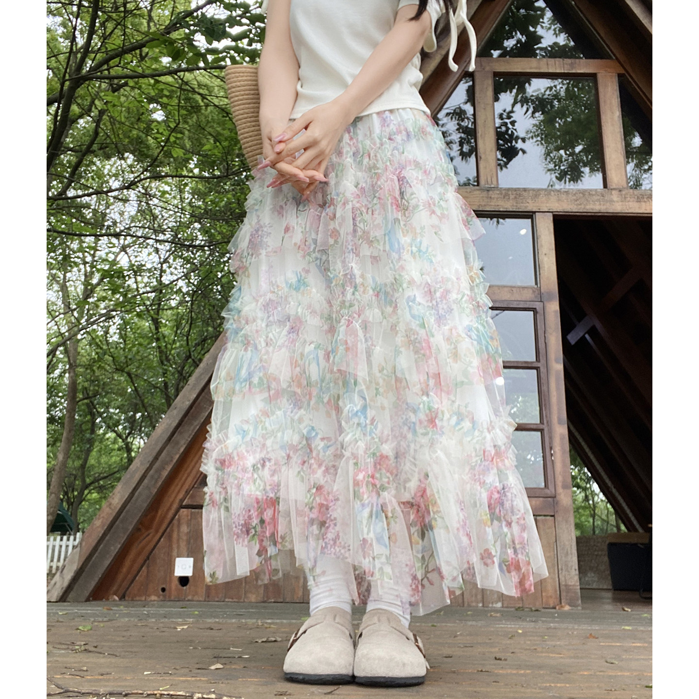 不规则网纱碎花长裙女夏季仙女裙子气质超仙小个子a字蓬蓬半身裙