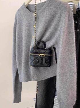 1230400%纯羊毛开衫女圆202瘦5春灰秋色针织毛衣外套领高腰显外搭