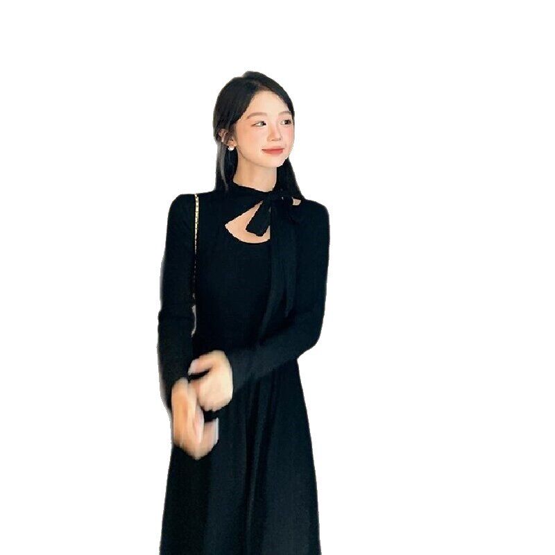 切糕小个子女冬装气质黑色裙子长裙好看新款长袖连衣裙女装裙