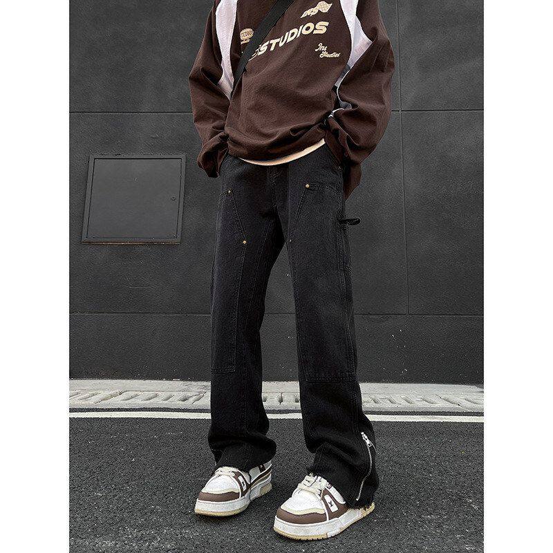 美式vibe裤子高街痞帅侧拉链纯黑色牛仔裤男款修身直筒毛边微喇裤