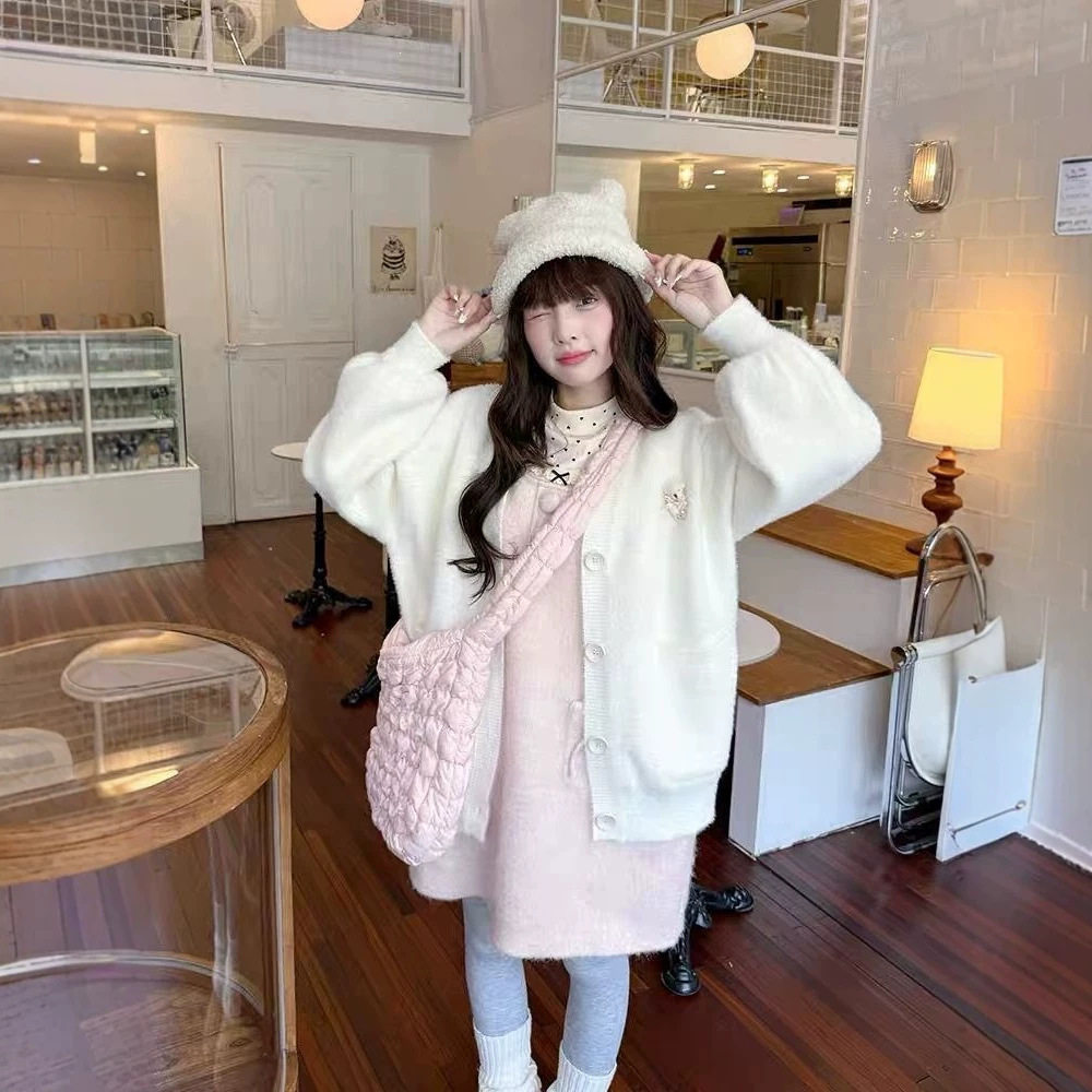 奶fufu可爱甜妹套装女秋冬小个子波点打底衫粉色背心连衣裙两件套