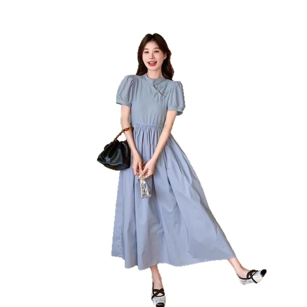 蓝色新中式连衣裙夏季女2025新款旗袍改良轻熟洋气显瘦长款A字裙