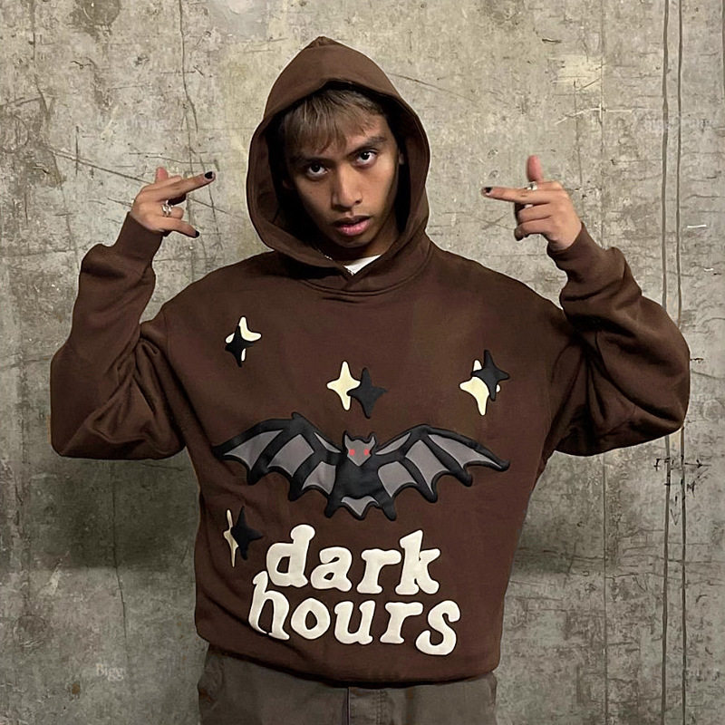 欧美男装嘻哈美式潮牌侃爷蝙蝠发泡印花加绒连帽卫衣帽衫 Hoodie