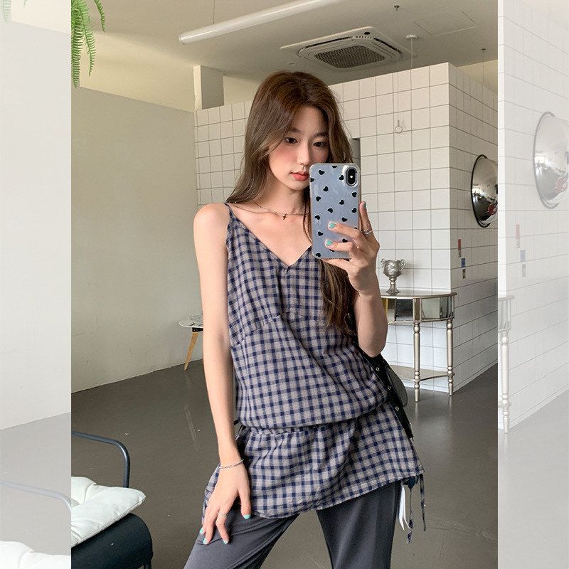 韩系学院风格子绑带收腰长款无袖