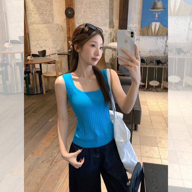 明艳蓝色穿搭方领修身显瘦针织吊带背心女夏季外穿遮副乳甜辣上衣