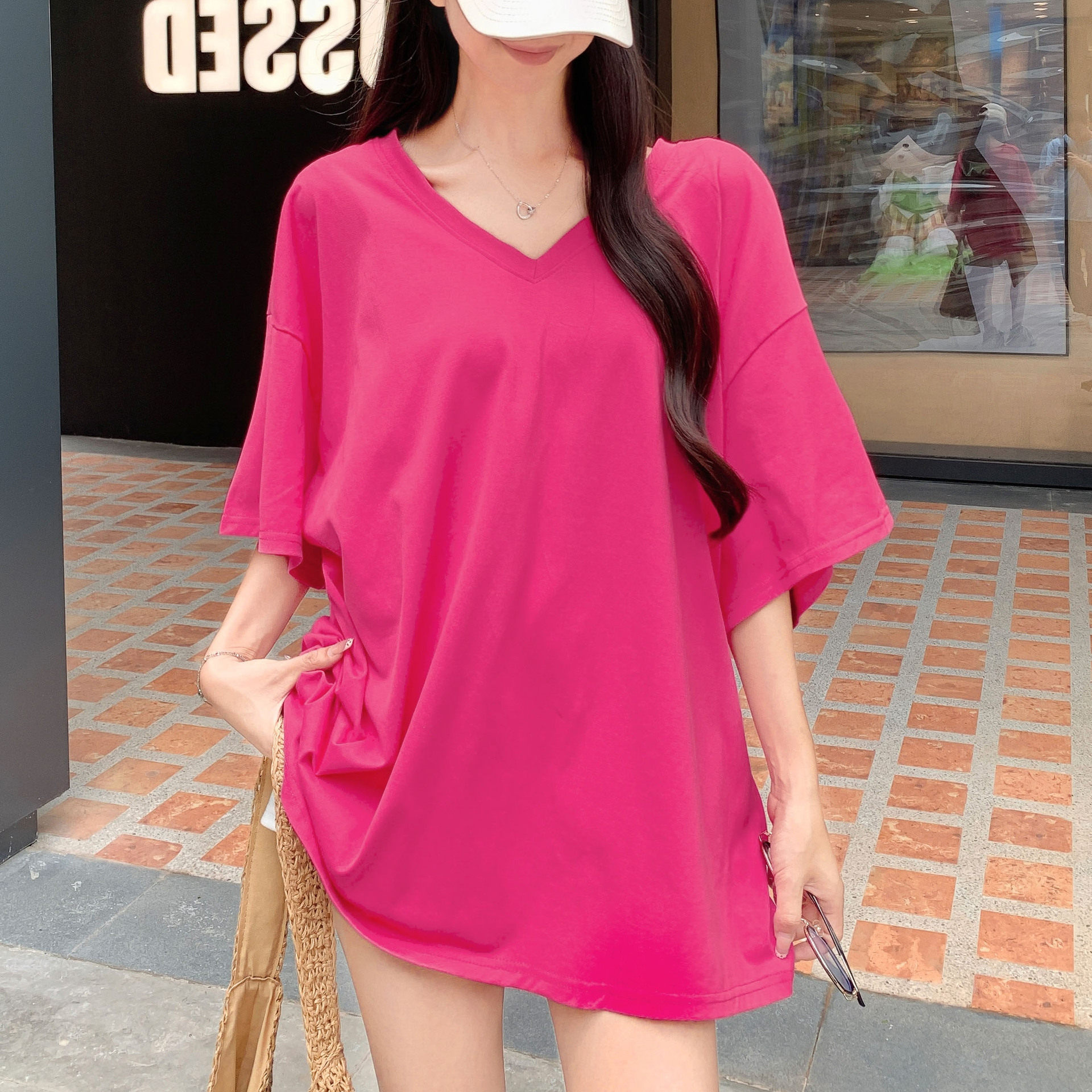 2811韩版v领短袖t恤女夏季薄款休闲宽松显瘦正肩中袖打底上衣