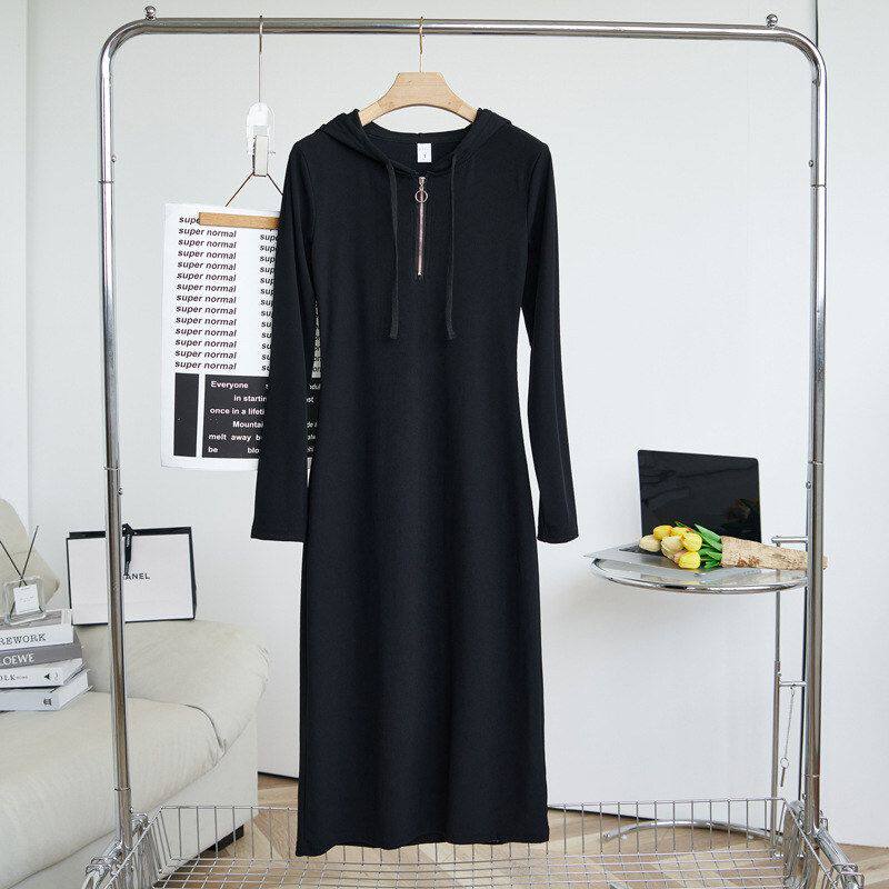 黑色气质连帽半拉链长袖连衣裙女秋季新款修身显瘦休闲打底卫衣裙