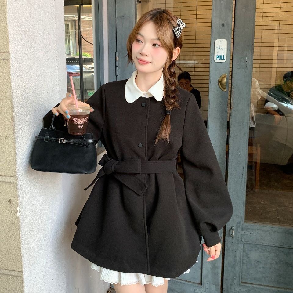 秋冬厚款毛呢连衣裙女灯笼袖圆领系带感小个子呢子外套大衣