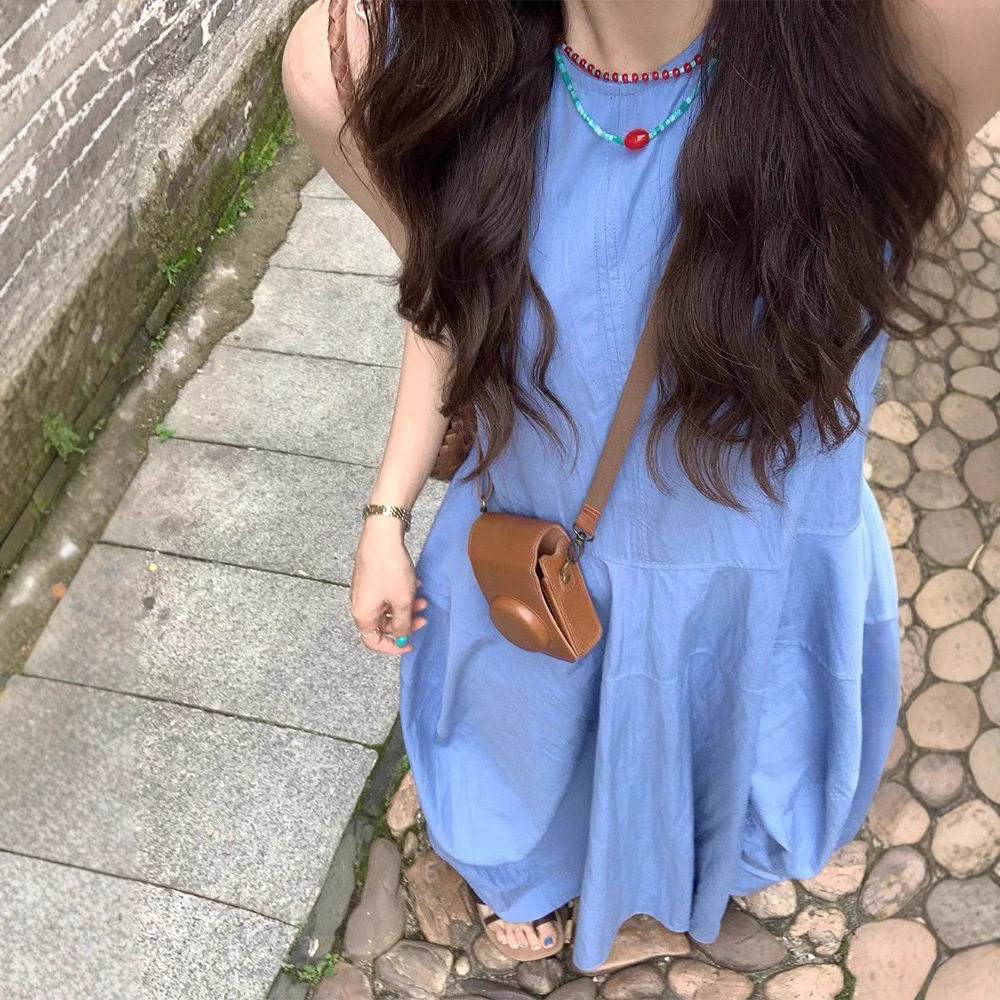 海边度假蓝色无袖背心连衣裙子女夏季2025新款小个子法式气质长裙
