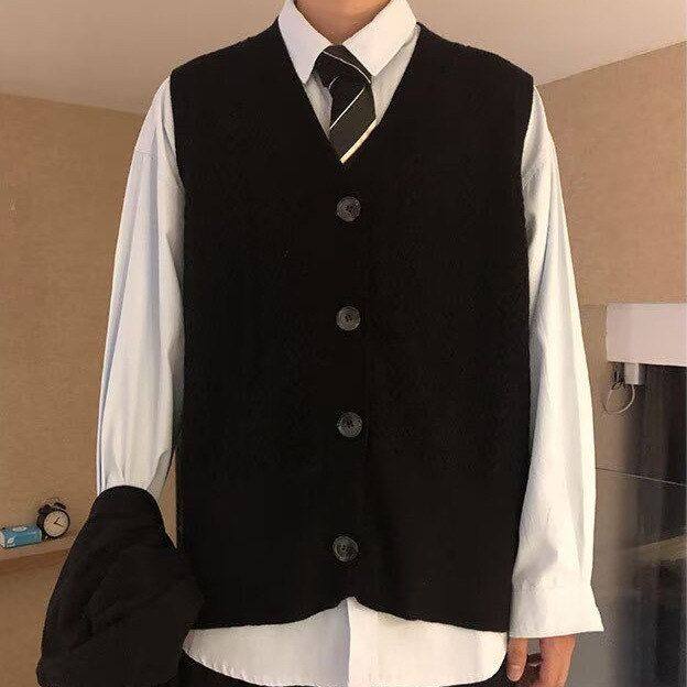 2025秋冬新款宽松美式潮流百搭黑色针织开衫背心毛衣马甲男日系春
