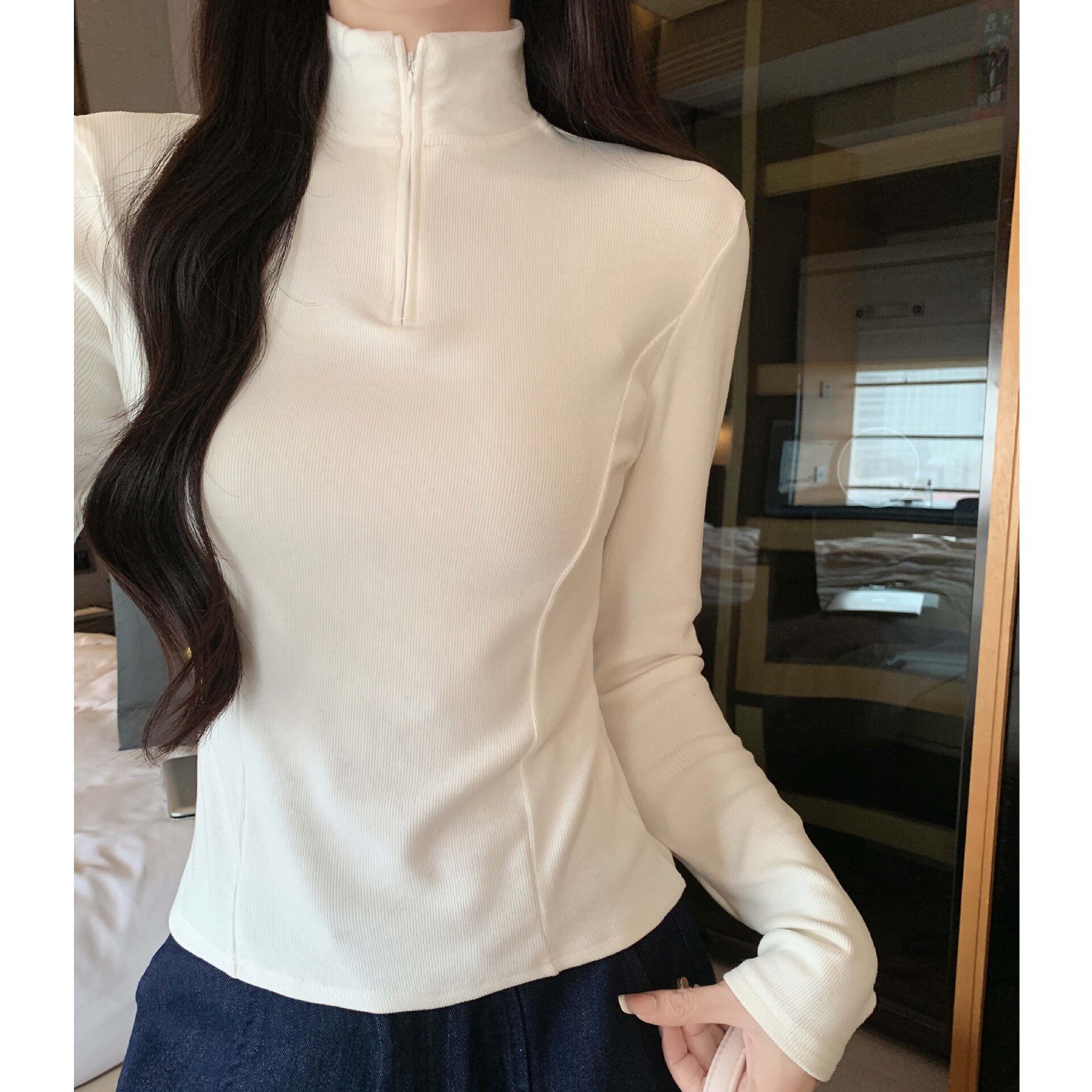 K2125正肩半拉链螺纹打底衫女秋冬季立领修身显瘦百搭长袖T恤上衣