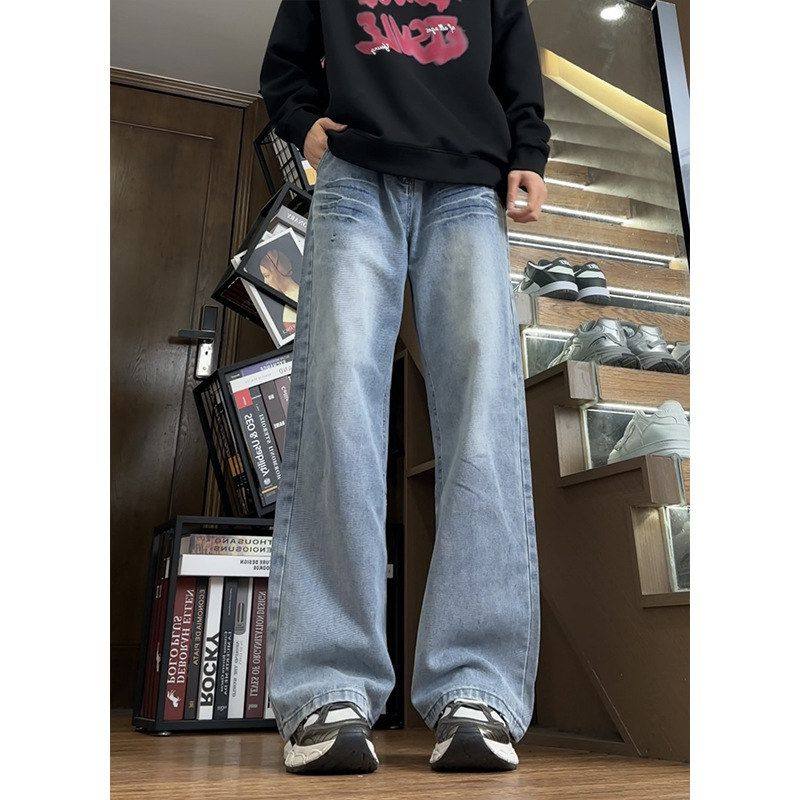 中腰潮直筒青少年微弹浅蓝色水洗牛仔裤男款秋冬美式春秋长裤常规