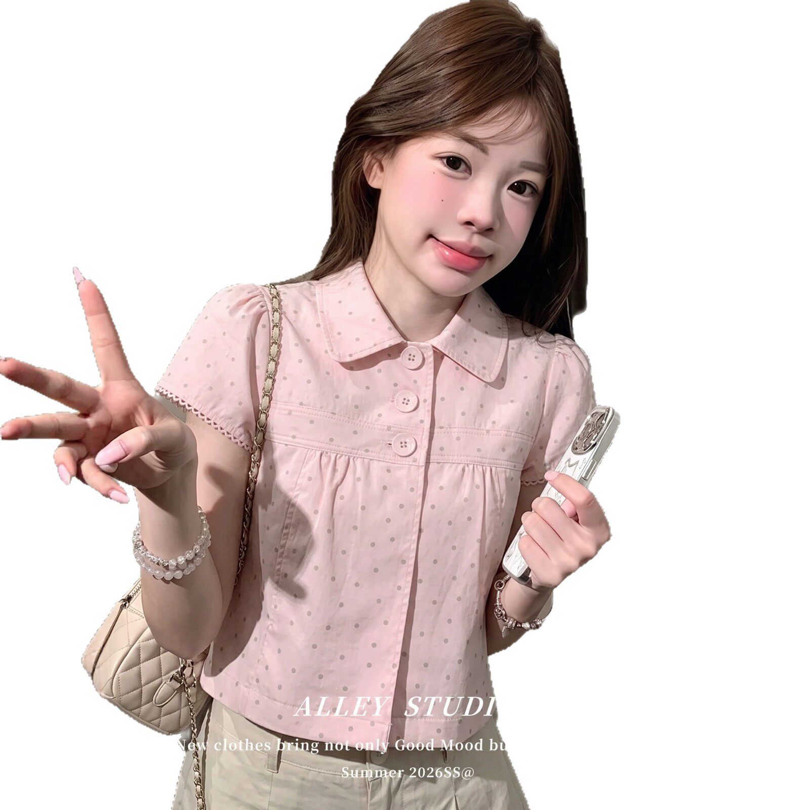 韩系学院风粉色娃娃领波点衬衫女夏季新款飞机袖减龄休闲短袖上衣