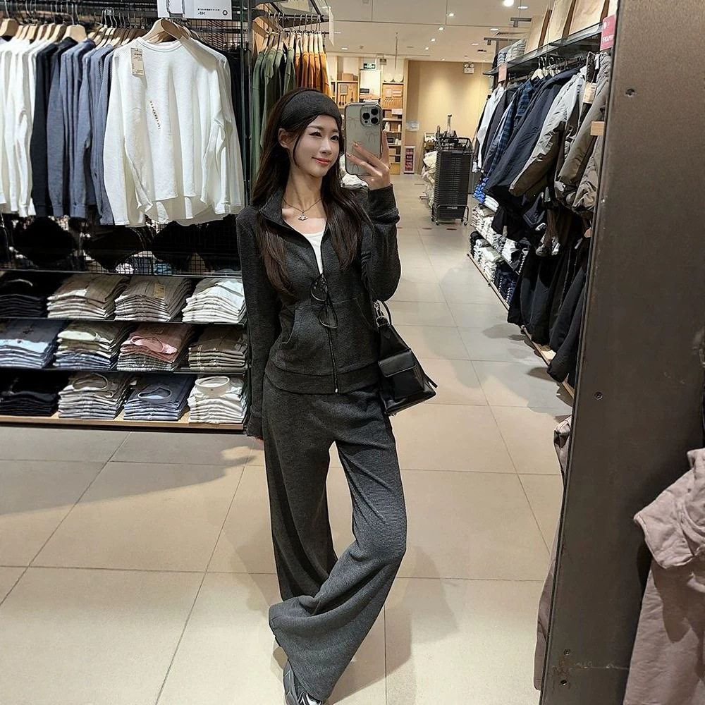 胖MM大码休闲慵懒运动套装女2026秋季新款韩系条纹立领卫衣一整套