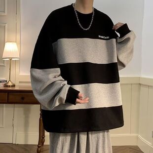 春秋季灰黑条纹圆领卫衣男士港风文艺复古宽松百搭休闲长袖上衣潮